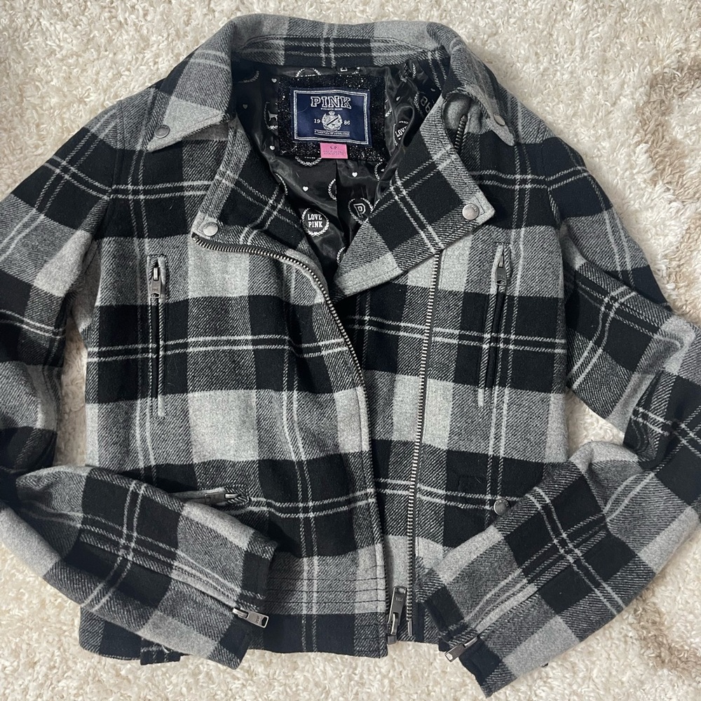 Victoria Secret Pink Plaid Women's Jacket - Black and Gray EUC XS